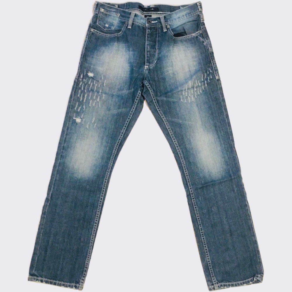 Sean John 5 Pocket, Button Fly, Straight Leg Distressed Blue Jeans, 35"
